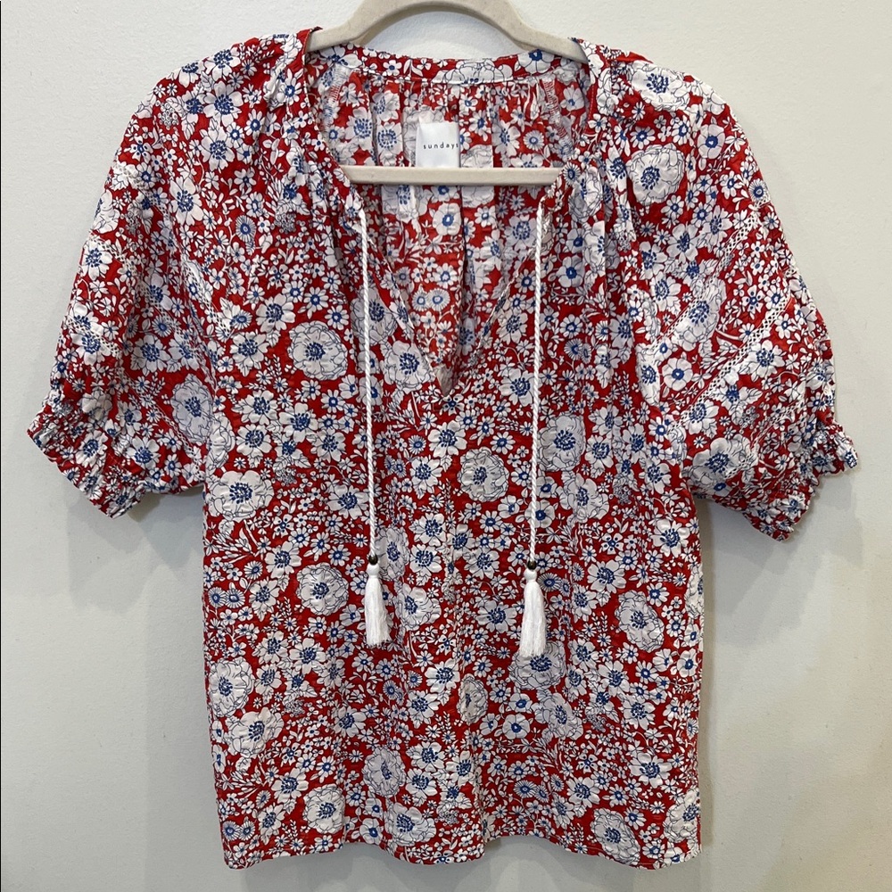 Sundays Red and Blue Floral Blouse